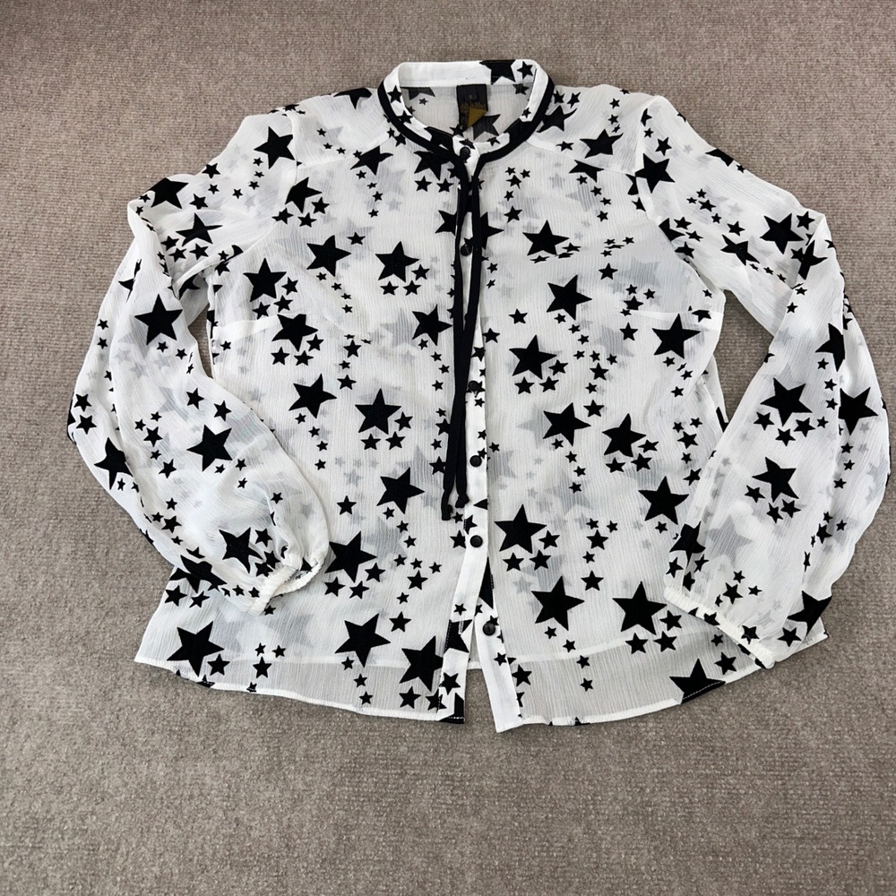 Metropolis Witchy Womens White Black Star Print Sheer Tie Neck Blouse Size S